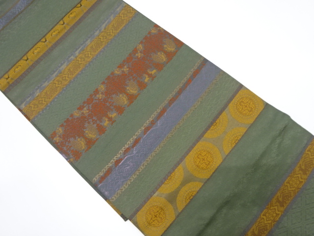 JAPANESE KIMONO / HIRAKI NAGOYA OBI / SILK / WOVEN STRIPE & PHOENIX & ARISUGAWA PATTERN